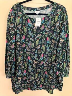J. Jill Navy Tunic with Multicolor Bird & Floral Print